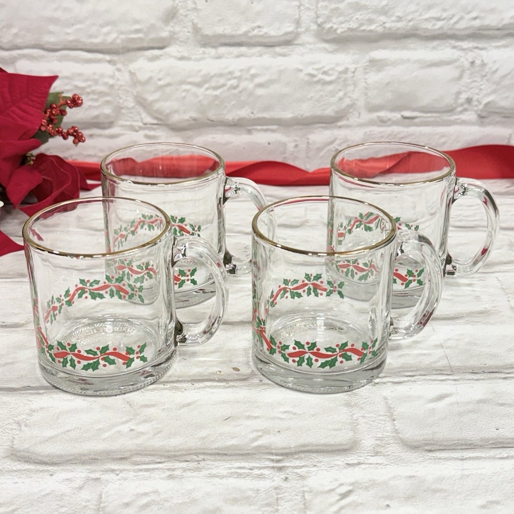 Vtg Libbey Holly Berry Glass Christmas Mugs 4 Gold Trim Elegant Holiday Glasses
